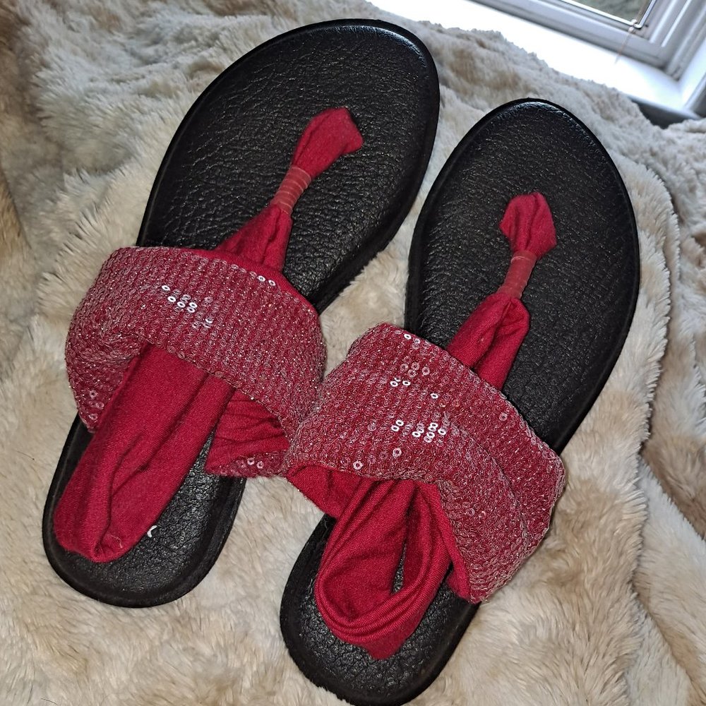 Red sequin yoga sandals size 11